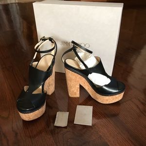 Jimmy Choo Noble 120 Black With Cork Wedge Sz 38